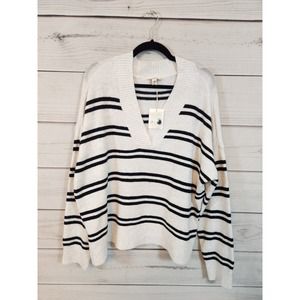 A.n.a Womens Black White Stripe V-Neck Long Sleeve Pullover Sweater Size 2XL NWT